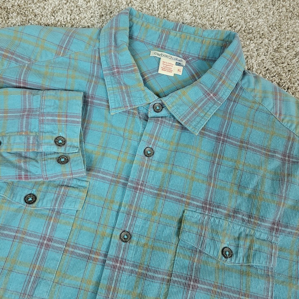 Carbon 2 Cobalt Mens XL Blue Plaid Corduroy Button Up Long Sleeve Workshirt